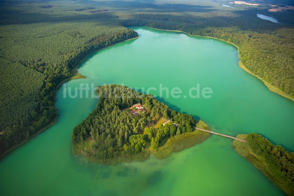 Wokuhl-Dabelow aus der Vogelperspektive: Großer Brückentinsee mit Insel im Naturpark Feldberger Seenlandschaft beim Ortsteil Brückentin in Wokuhl-Dabelow im Bundesland Mecklenburg-Vorpommern