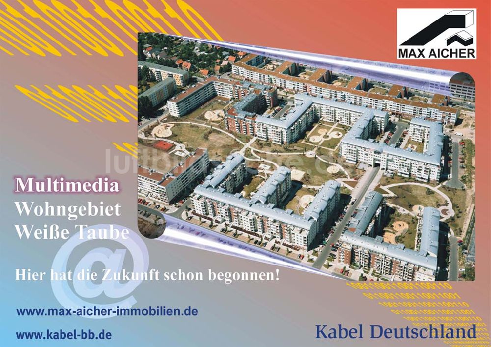 Berlin - Lichtenberg aus der Vogelperspektive: Großwerbeplanenlayout für das Wohngebiet Weiße Taube der UG MAX AICHER an der Landsberger Allee in Berlin - Lichtenberg / Hohenschönhausen