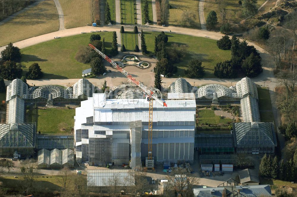 Luftbild Berlin - Grundsanierung des Großen Tropenhaus im Botanischen Garten Berlin.