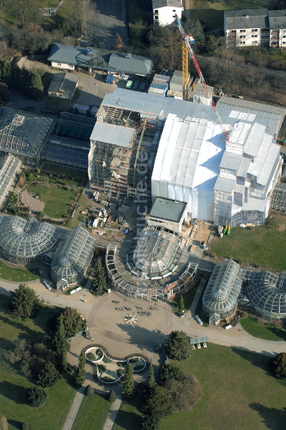 Berlin von oben - Grundsanierung des Großen Tropenhaus im Botanischen Garten Berlin.