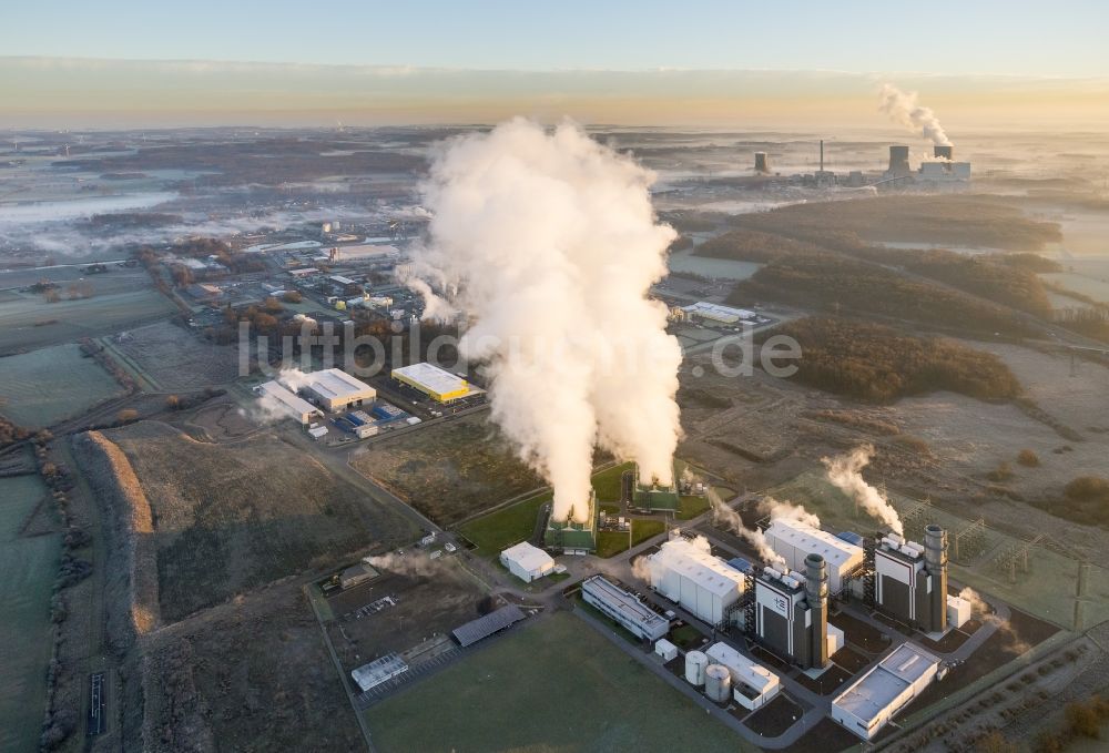 Luftbild Hamm - GUD Trianel - Gasturbinenkraftwerk beim Sonnenaufgang am Stadtrand von Hamm Nordrhein-Westfalen