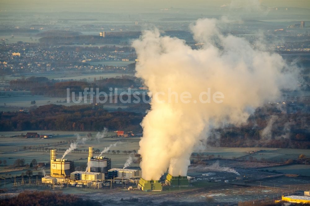 Luftaufnahme Hamm - GUD Trianel - Gasturbinenkraftwerk beim Sonnenaufgang am Stadtrand von Hamm Nordrhein-Westfalen