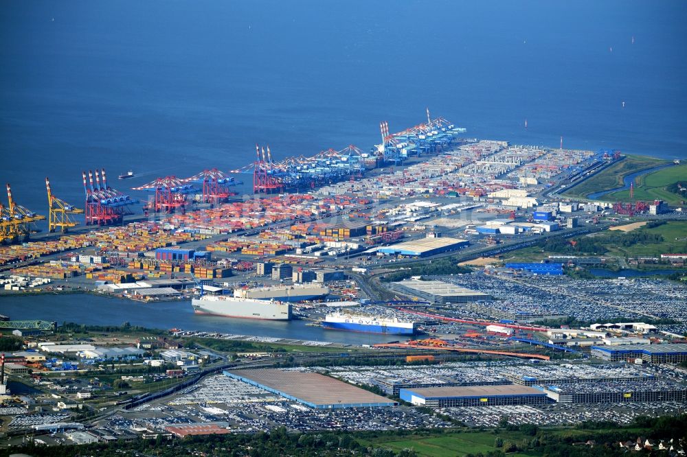 Luftaufnahme Bremerhaven - Hafenanlagen und Terminals mit Lagerhallen und Speditions und Logistikunternehmen in Bremerhaven im Bundesland Bremen