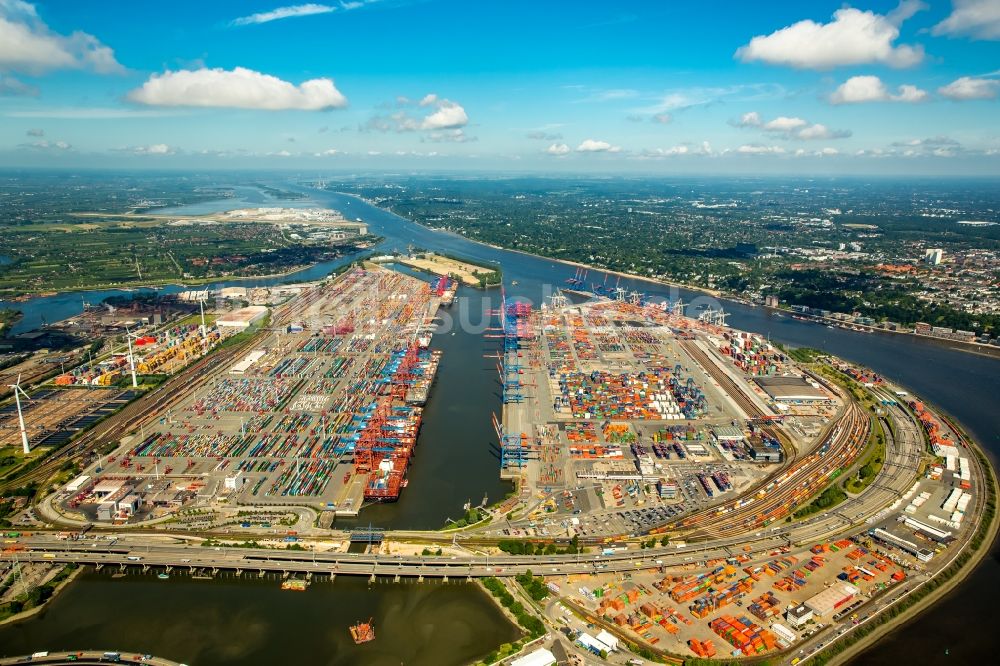 Luftbild Hamburg - Hafenanlagen und Terminals mit Lagerhallen und Speditions und Logistikunternehmen am Elbtunnel in Hamburg