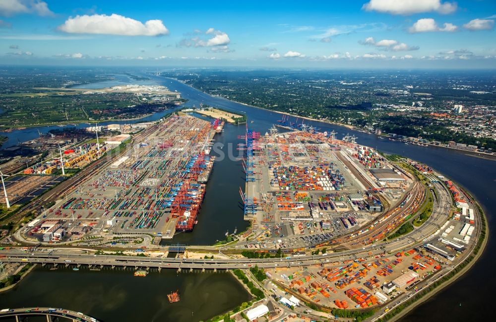 Luftaufnahme Hamburg - Hafenanlagen und Terminals mit Lagerhallen und Speditions und Logistikunternehmen am Elbtunnel in Hamburg