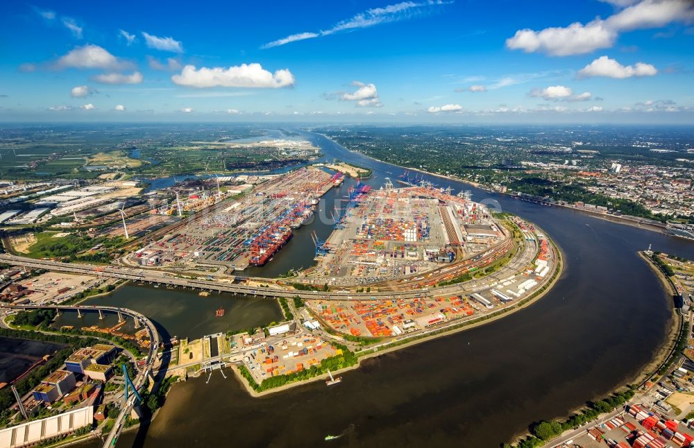 Hamburg von oben - Hafenanlagen und Terminals mit Lagerhallen und Speditions und Logistikunternehmen am Elbtunnel in Hamburg