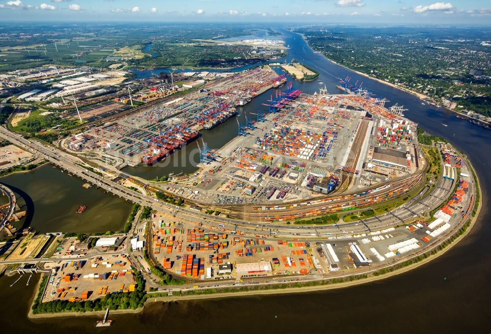 Hamburg aus der Vogelperspektive: Hafenanlagen und Terminals mit Lagerhallen und Speditions und Logistikunternehmen am Elbtunnel in Hamburg