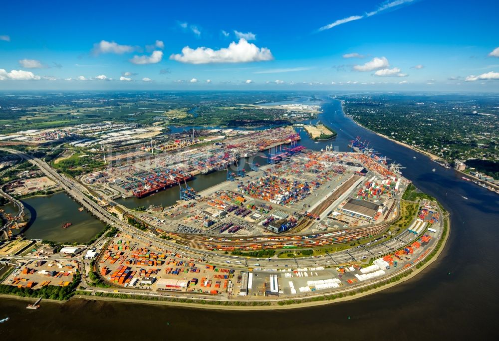 Luftbild Hamburg - Hafenanlagen und Terminals mit Lagerhallen und Speditions und Logistikunternehmen am Elbtunnel in Hamburg