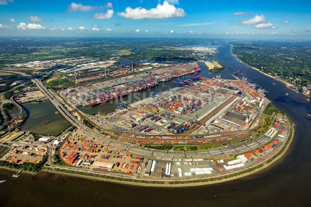 Luftaufnahme Hamburg - Hafenanlagen und Terminals mit Lagerhallen und Speditions und Logistikunternehmen am Elbtunnel in Hamburg