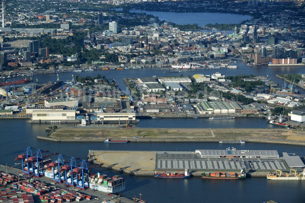 Hamburg aus der Vogelperspektive: Hafenanlagen und Terminals mit Lagerhallen und Speditions und Logistikunternehmen in Hamburg