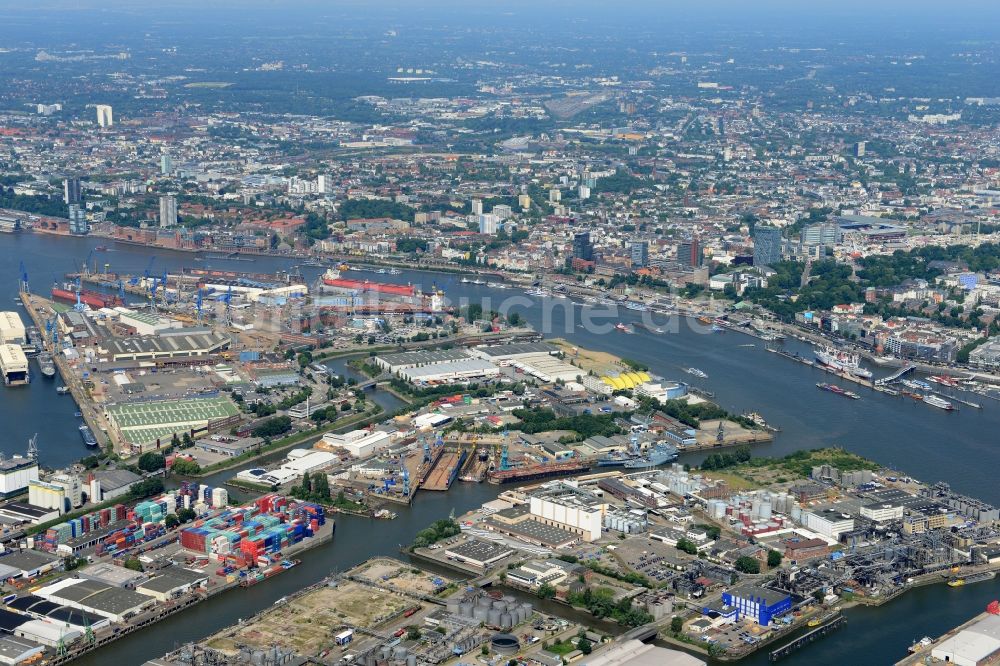 Hamburg von oben - Hafenanlagen am Ufer des Flußverlaufes der Elbe in Hamburg