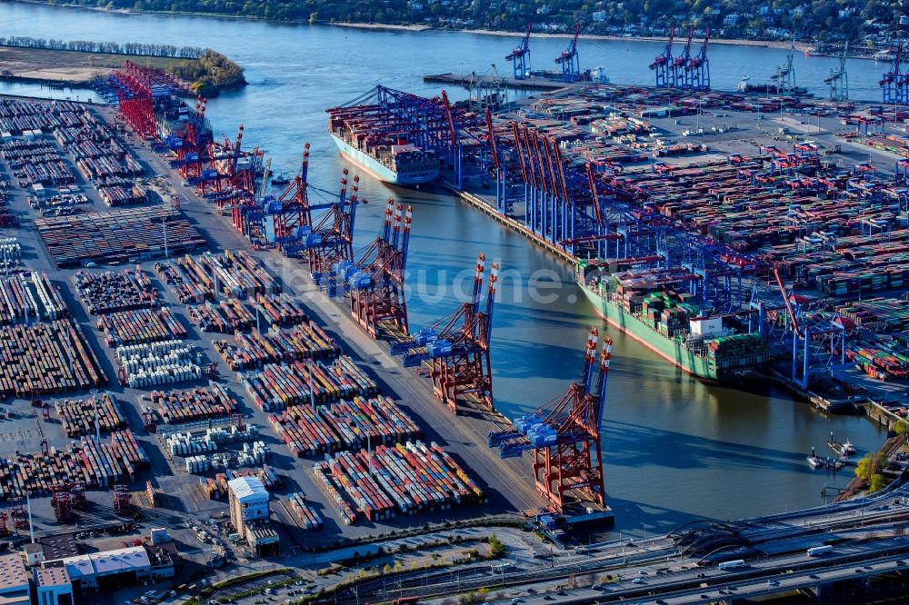 Luftaufnahme Hamburg - Hafenanlagen am Ufer des Hafenbeckens Burchardkai der Eurogate im Ortsteil Waltershof in Hamburg, Deutschland