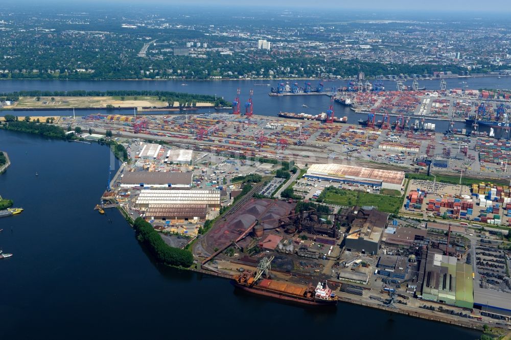 Luftbild Hamburg - Hafenanlagen Waltershof am Ufer des Flußverlaufes der Elbe - Norderelbe in Hamburg