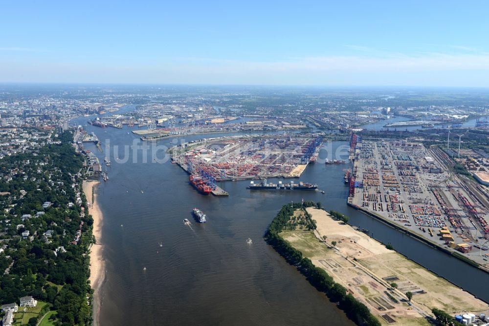 Luftbild Hamburg - Hafenanlagen Waltershof am Ufer des Flußverlaufes der Elbe - Norderelbe in Hamburg