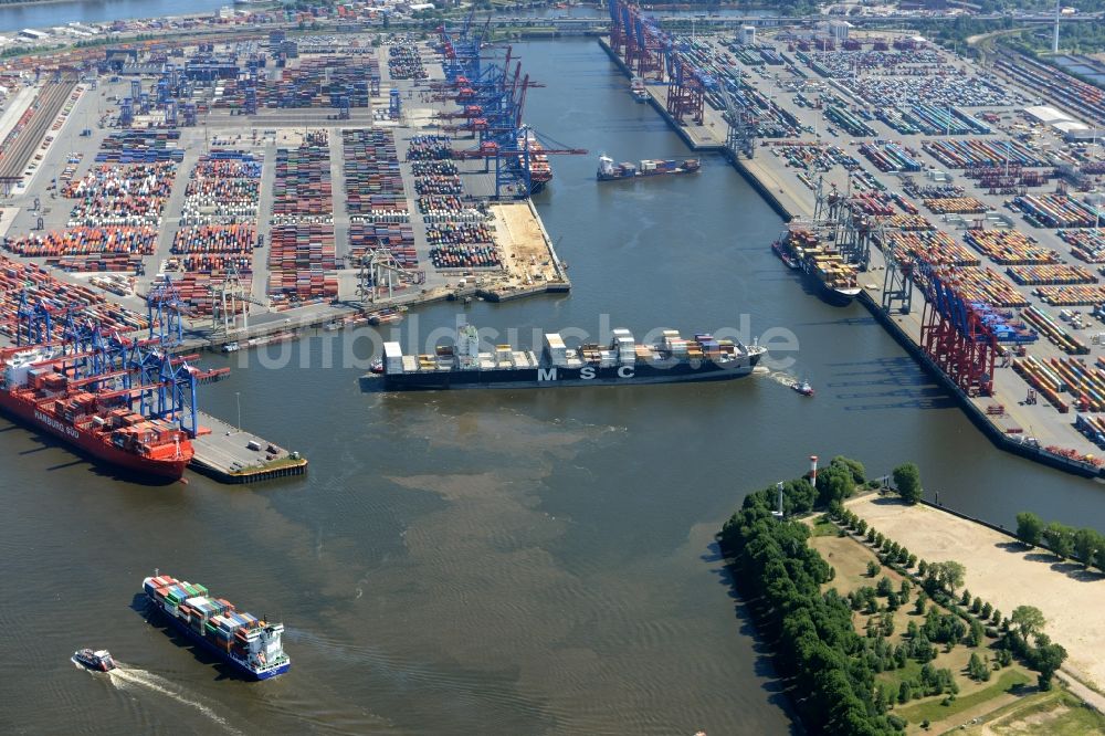 Luftaufnahme Hamburg - Hafenanlagen Waltershof am Ufer des Flußverlaufes der Elbe - Norderelbe in Hamburg