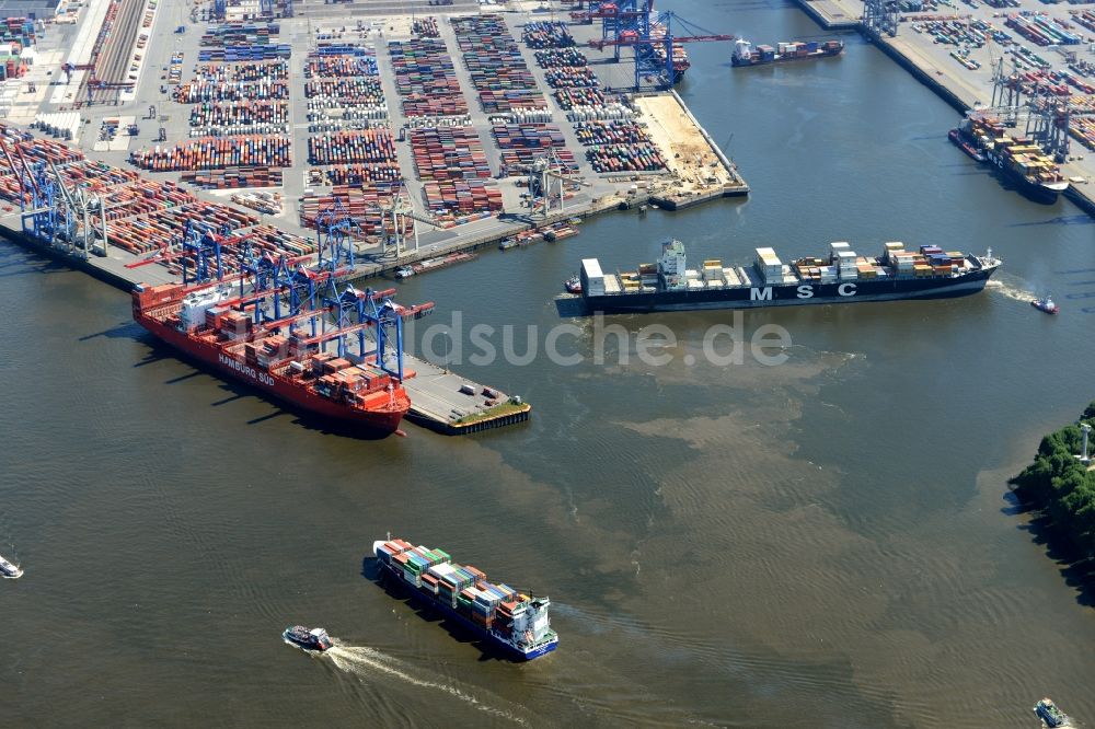 Hamburg von oben - Hafenanlagen Waltershof am Ufer des Flußverlaufes der Elbe - Norderelbe in Hamburg