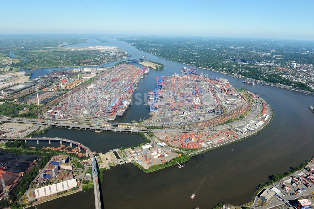 Hamburg von oben - Hafenanlagen Waltershof am Ufer des Flußverlaufes der Elbe - Norderelbe in Hamburg