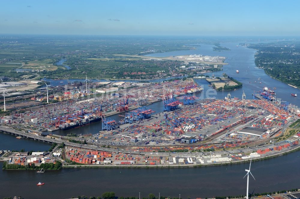 Hamburg aus der Vogelperspektive: Hafenanlagen Waltershof am Ufer des Flußverlaufes der Elbe - Norderelbe in Hamburg