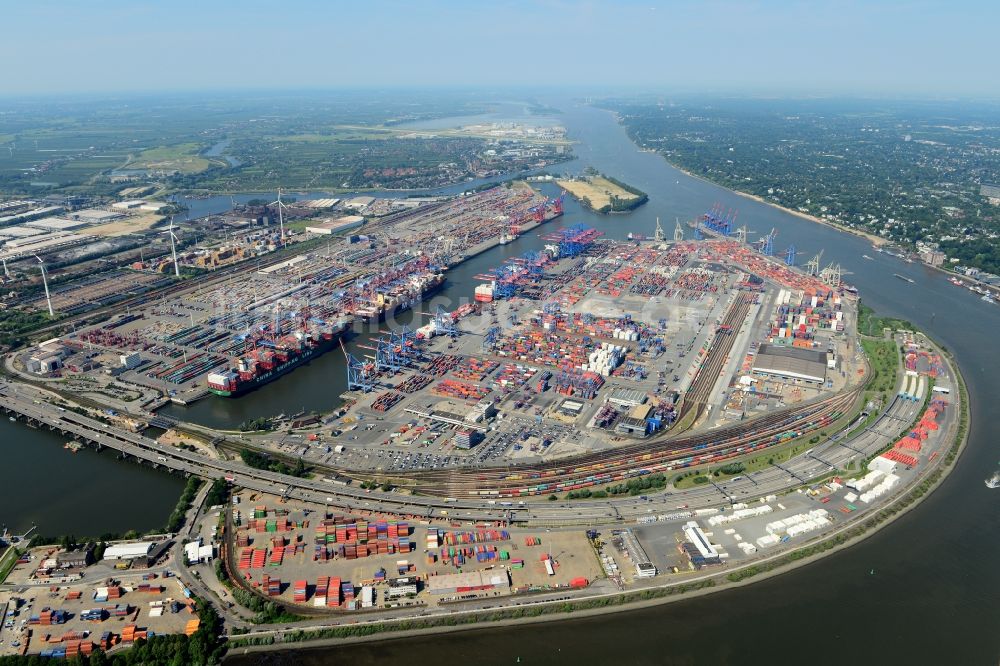 Luftbild Hamburg - Hafenanlagen Waltershof am Ufer des Flußverlaufes der Elbe - Norderelbe in Hamburg