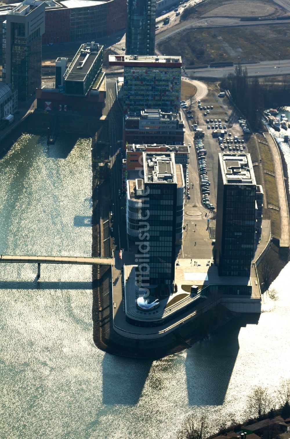 Luftaufnahme Düsseldorf - Hafenspitze Düsseldorf im Medienhafen in Düsseldorf im Bundesland Nordrhein-Westfalen