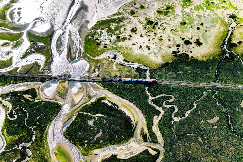 Wangerooge von oben - Hallig- Landschaft mit fahrenden Zug der Wangerooger Inselbahn in Wangerooge im Bundesland Niedersachsen, Deutschland