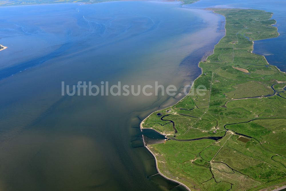 Luftaufnahme Langeneß - Hallig- Landschaft der Nordsee in Langeneß im Bundesland Schleswig-Holstein, Deutschland