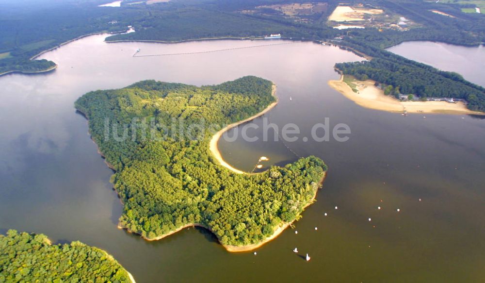 Haltern am See aus der Vogelperspektive: Haltener Stausee mit der Insel Overrathsche Berge