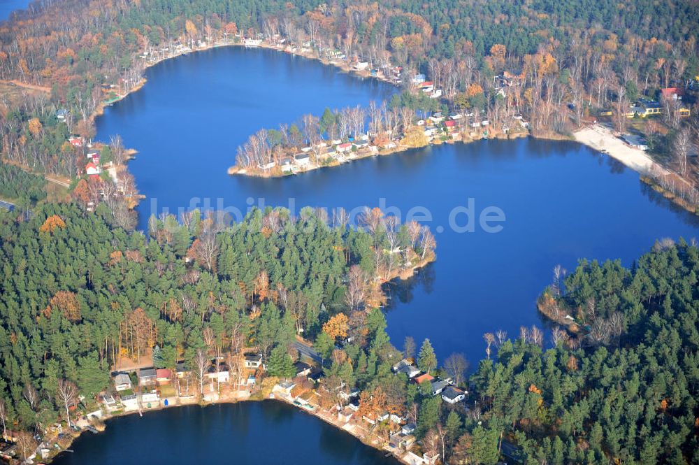 Luftaufnahme Schönborn OT Lindena - Herbstlandschaft mit See bei Lindena