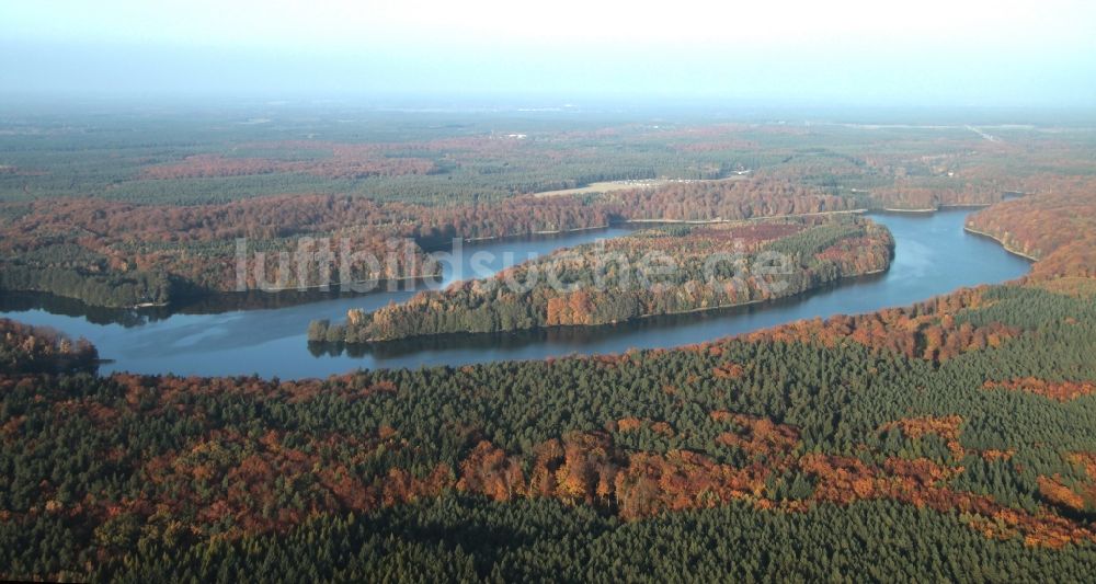 Luftaufnahme Lanke - Herbstlich bunte See- Insel am Liepnitzsee in Lanke im Bundesland Brandenburg