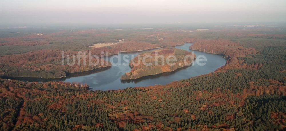 Lanke aus der Vogelperspektive: Herbstlich bunte See- Insel am Liepnitzsee in Lanke im Bundesland Brandenburg