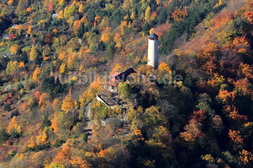 Luftaufnahme Jena - Herbstlich gefärbter Wald um das Ausflugsziel Fuchsturm auf dem Kernberg bei Jena in Thüringen