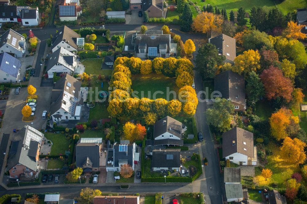 Witten aus der Vogelperspektive: Herbstliche Bäume an einem quadratischen Garten in einem Wohngebiet im Süden von Witten im Bundesland Nordrhein-Westfalen