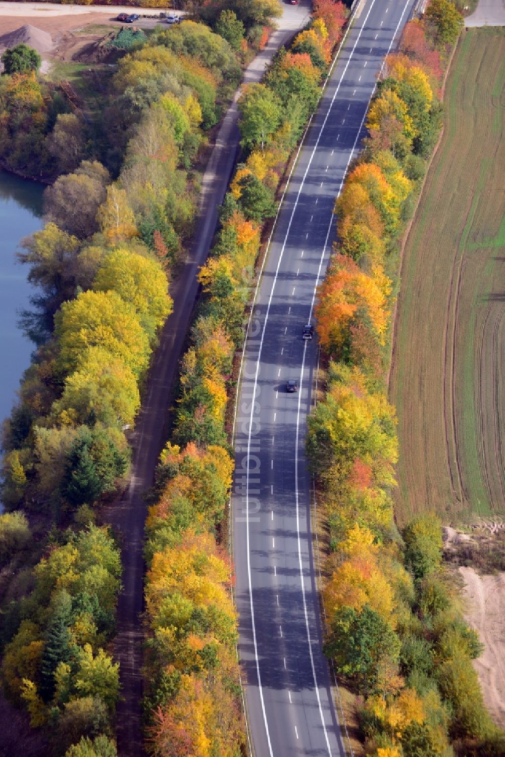 Bodenwerder von oben - Herbstliche Bundesstraße 240 Baumallee am Kiesteich in Bodenwerder im Bundesland Niedersachsen