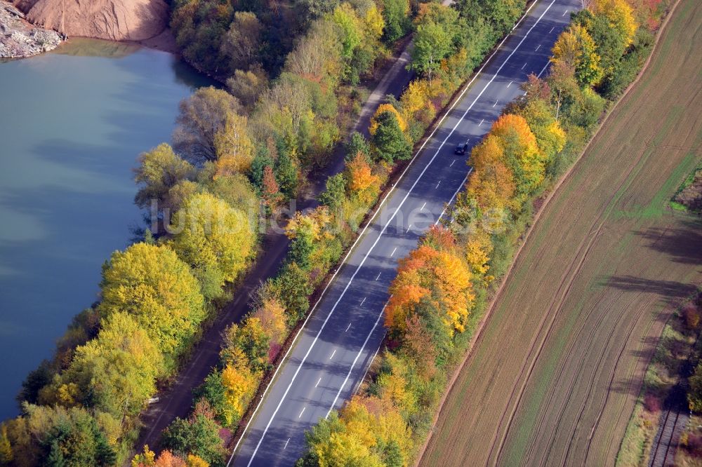 Luftaufnahme Bodenwerder - Herbstliche Bundesstraße 240 Baumallee am Kiesteich in Bodenwerder im Bundesland Niedersachsen