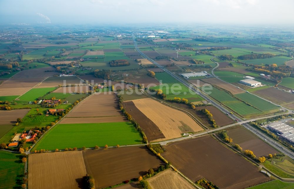 Hamm von oben - Herbstliche Felder im Autobahn- Streckenverlauf und Umgebung der Autobahn A2 im Westen von Rhynern in Hamm im Bundesland Nordrhein-Westfalen