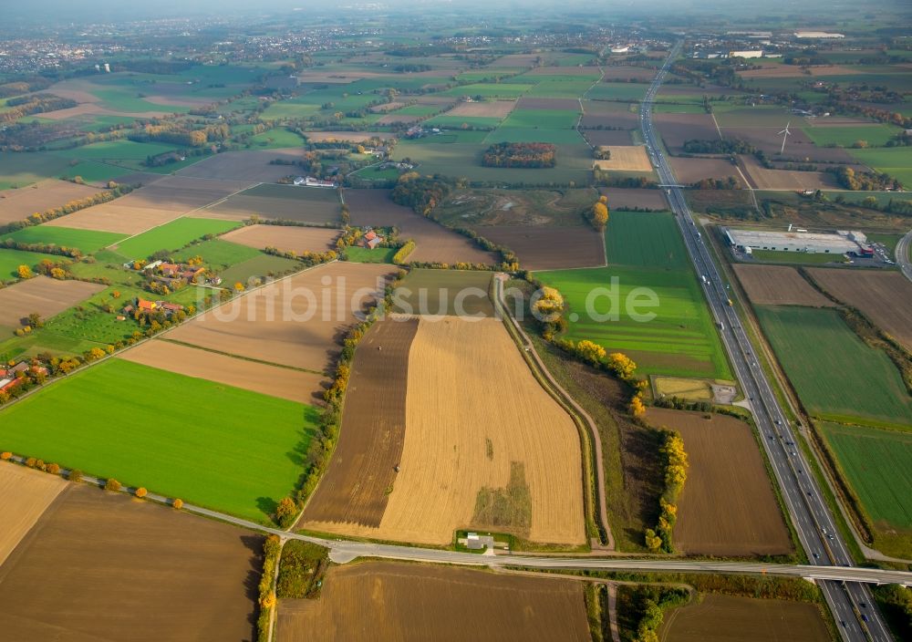 Luftbild Hamm - Herbstliche Felder im Autobahn- Streckenverlauf und Umgebung der Autobahn A2 im Westen von Rhynern in Hamm im Bundesland Nordrhein-Westfalen