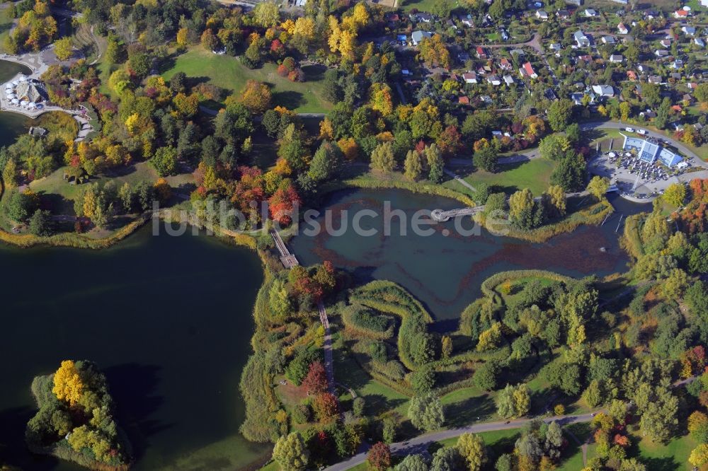 Berlin aus der Vogelperspektive: Herbstliche Laubbäume der Parkanlage Britzer Garten am Ufer des Hauptsee in Berlin