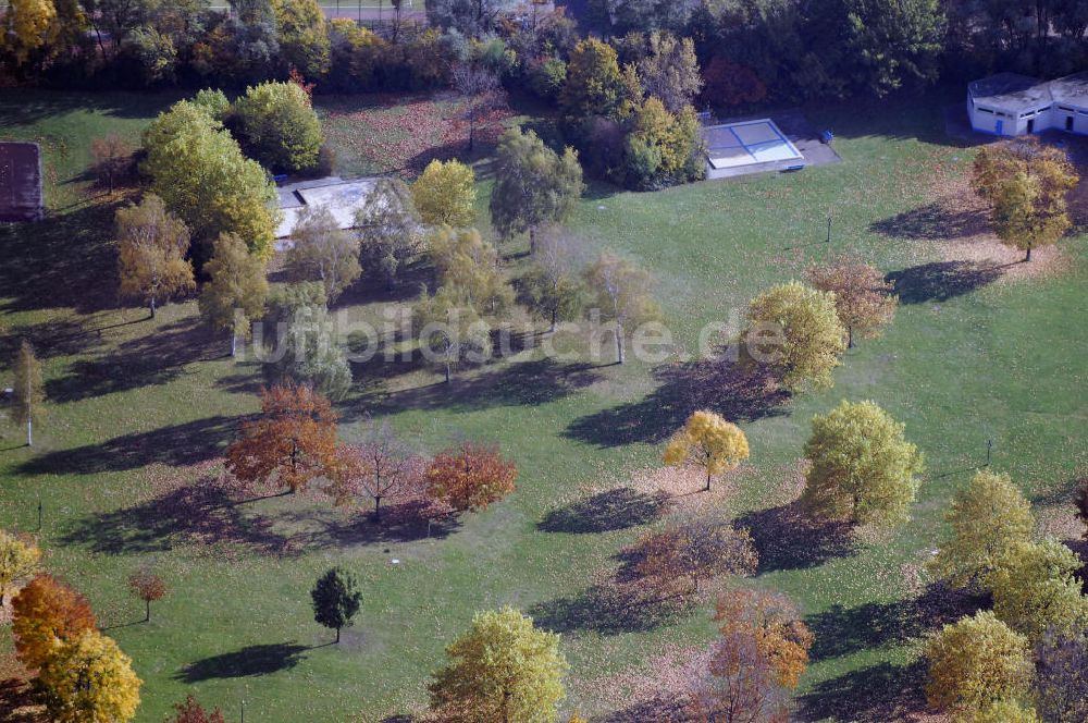 Berlin von oben - Herbstliche Wiese des Sommerbads Mariendorf in Berlin