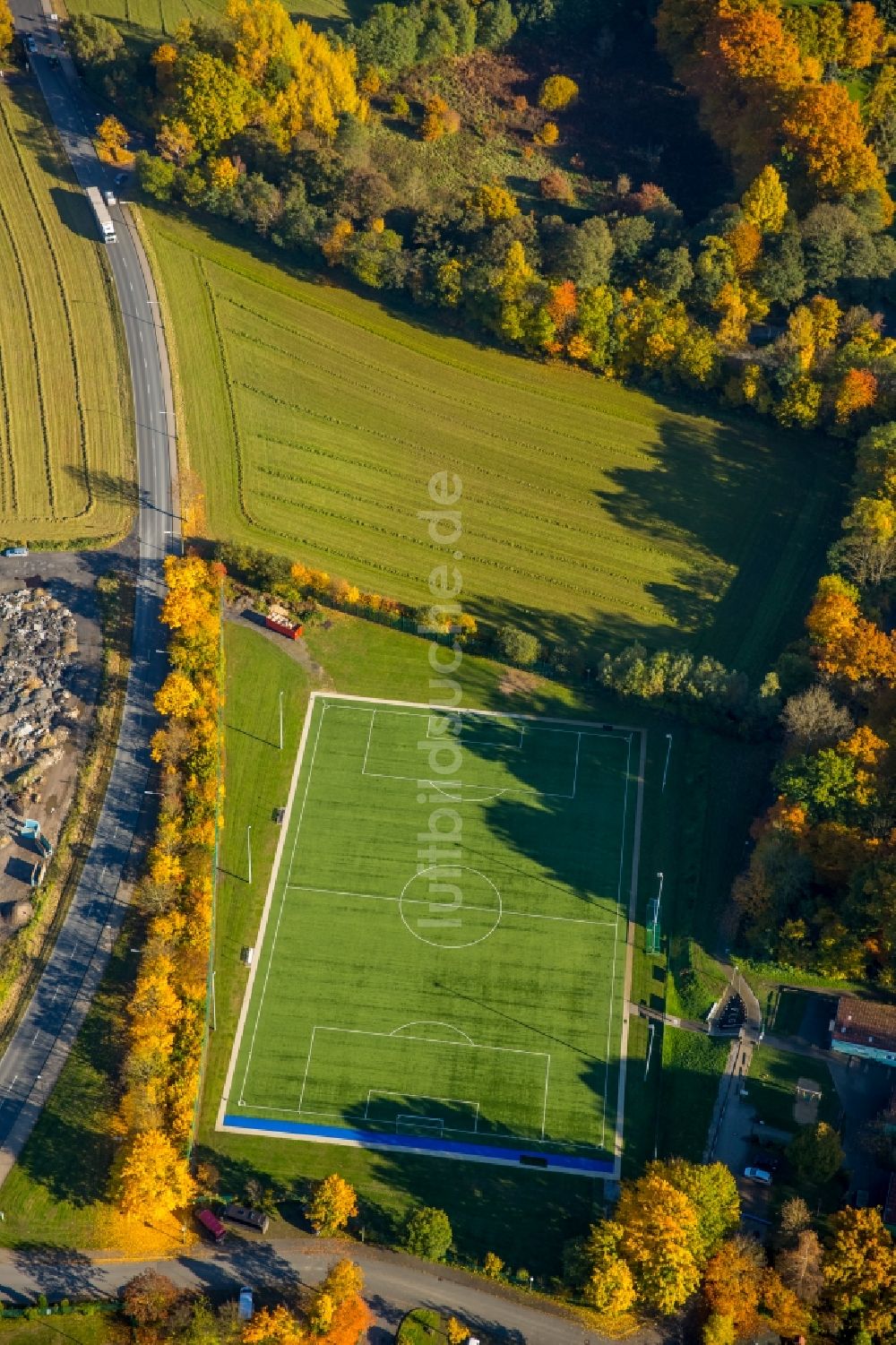 Arnsberg aus der Vogelperspektive: Herbstlicher Fussballplatz am Alten Feld an der Stettiner Straße in Arnsberg im Bundesland Nordrhein-Westfalen