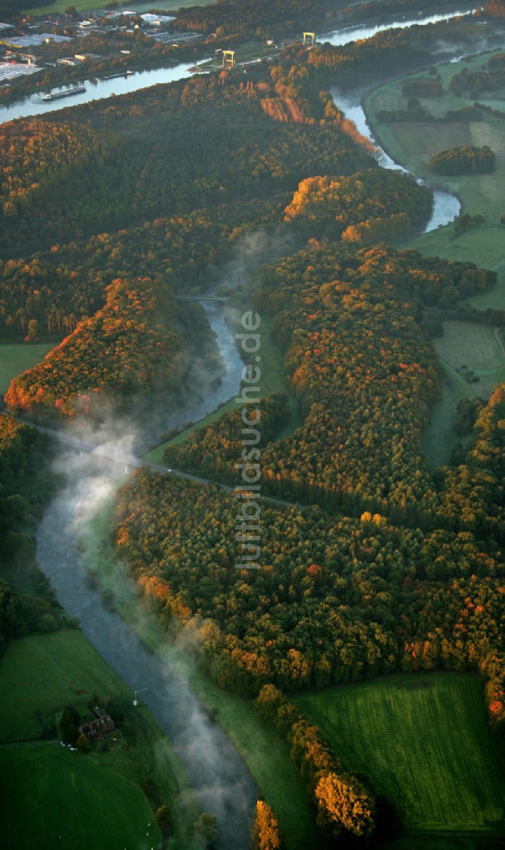 Luftaufnahme Dorsten - Herbstlicher Sonnenaufgang an der Lippe