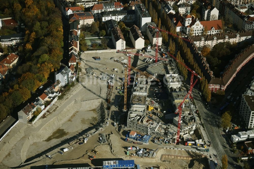 Luftbild München - Herbstluftbild Baustelle zum Neubau einer Mehrfamilienhaus-Wohnanlage Am Nockherberg im Ortsteil Au-Haidhausen in München im Bundesland Bayern, Deutschland