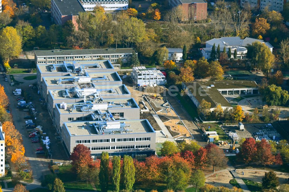 Berlin von oben - Herbstluftbild Baustelle zum Neubau des Schulgebaudes Gymnasium mit Sporthalle im Ortsteil Hellersdorf in Berlin, Deutschland