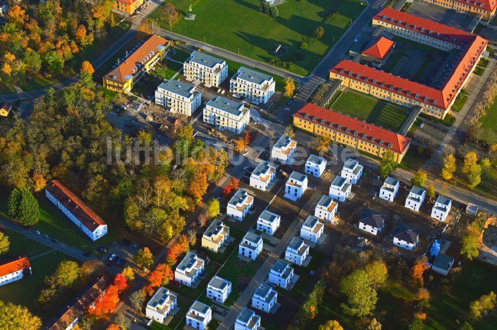 Luftaufnahme Berlin - Herbstluftbild Baustellen zum Neubau- Wohngebiet einer Einfamilienhaus- Siedlung Amberbaumallee - Moorbirkenweg im Ortsteil Kladow in Berlin, Deutschland