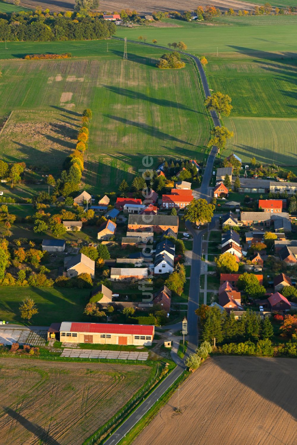 Luftaufnahme Kribbe - Herbstluftbild Dorfkern am Feldrand in Kribbe im Bundesland Brandenburg, Deutschland