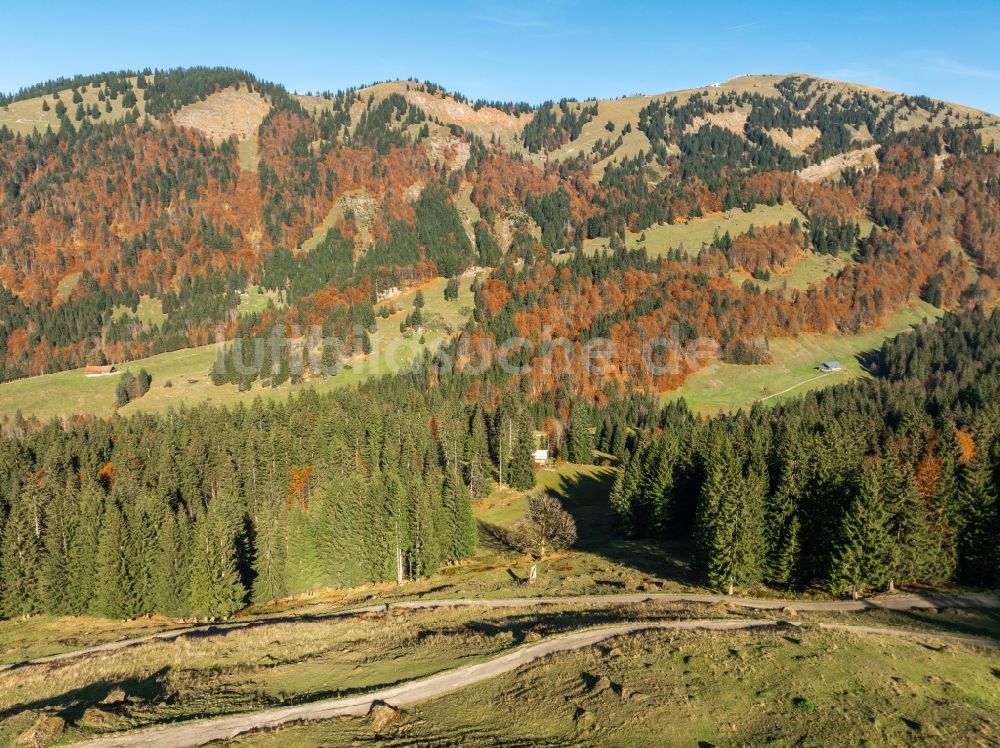 Lecknertal aus der Vogelperspektive: Herbstluftbild im Lecknertal im Bregenzer Wald in Vorarlberg, Österreich