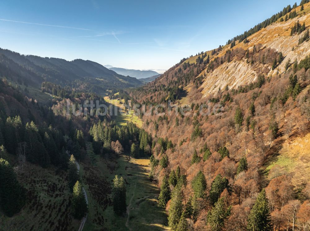 Lecknertal aus der Vogelperspektive: Herbstluftbild im Lecknertal im Bregenzer Wald in Vorarlberg, Österreich