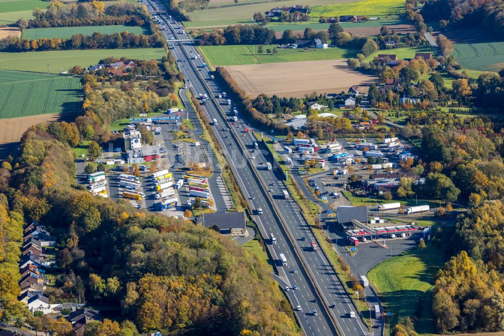 Luftaufnahme Hamm - Herbstluftbild LKW- Abstellflächen an der Autobahn- Raststätte und Parkplatz der BAB A 2 am Rastplatz in Rhynern im Bundesland Nordrhein-Westfalen, Deutschland