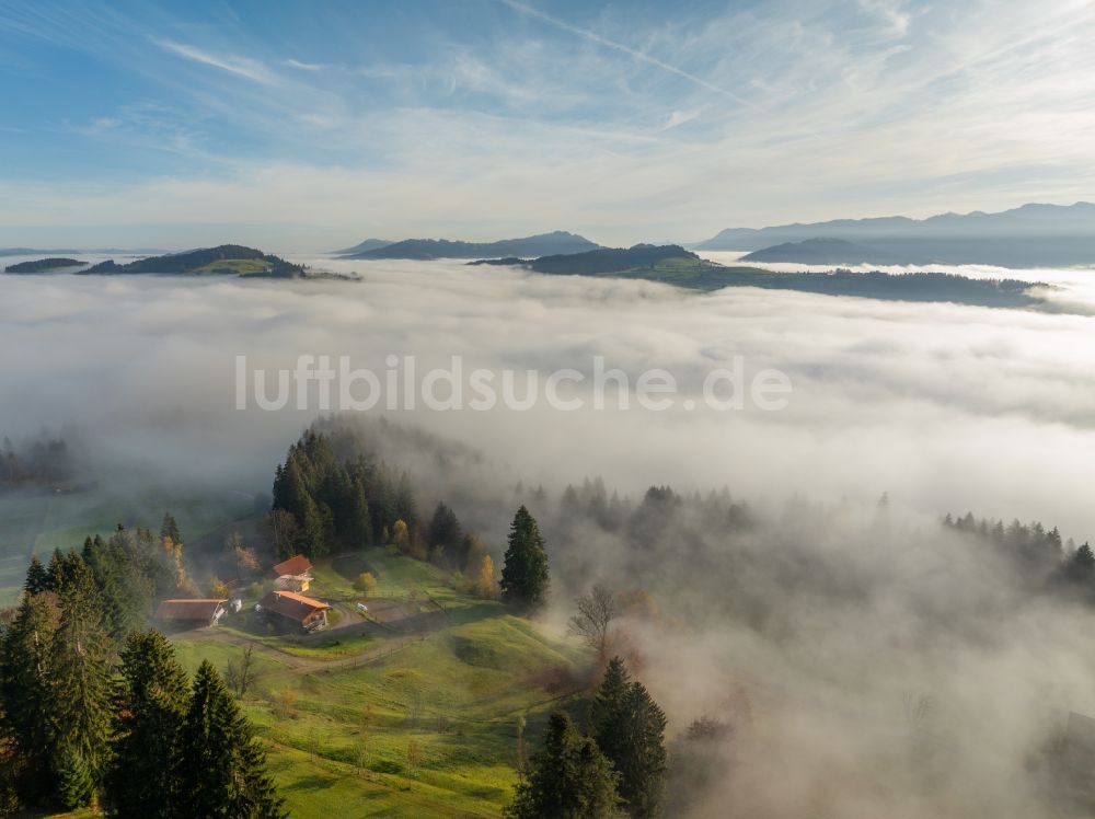 Irsengund von oben - Herbstluftbild Nebel- und Wolken- Schicht über Wald- und Wiesenlandschaft im Allgäu im Ortsteil Oberreute in Irsengund im Bundesland Bayern, Deutschland