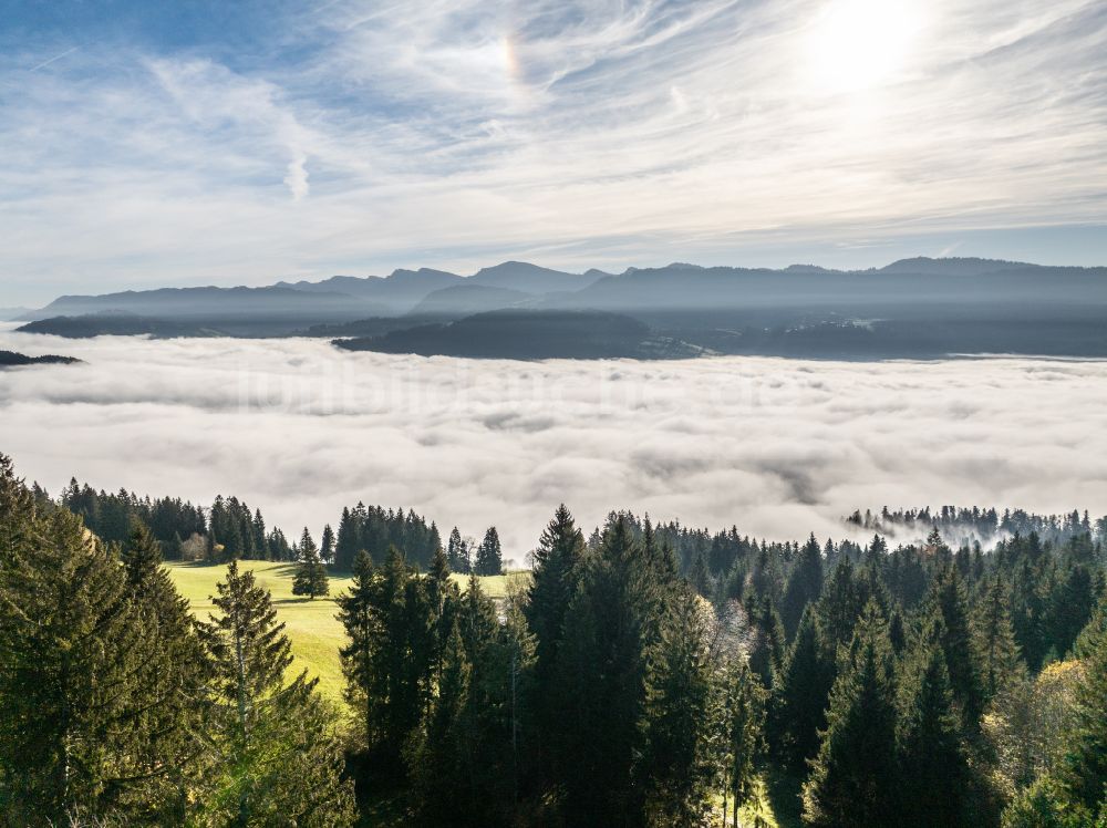 Luftbild Irsengund - Herbstluftbild Nebel- und Wolken- Schicht über Wald- und Wiesenlandschaft im Allgäu im Ortsteil Oberreute in Irsengund im Bundesland Bayern, Deutschland