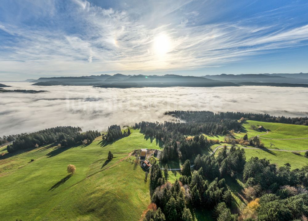 Luftaufnahme Irsengund - Herbstluftbild Nebel- und Wolken- Schicht über Wald- und Wiesenlandschaft im Allgäu im Ortsteil Oberreute in Irsengund im Bundesland Bayern, Deutschland